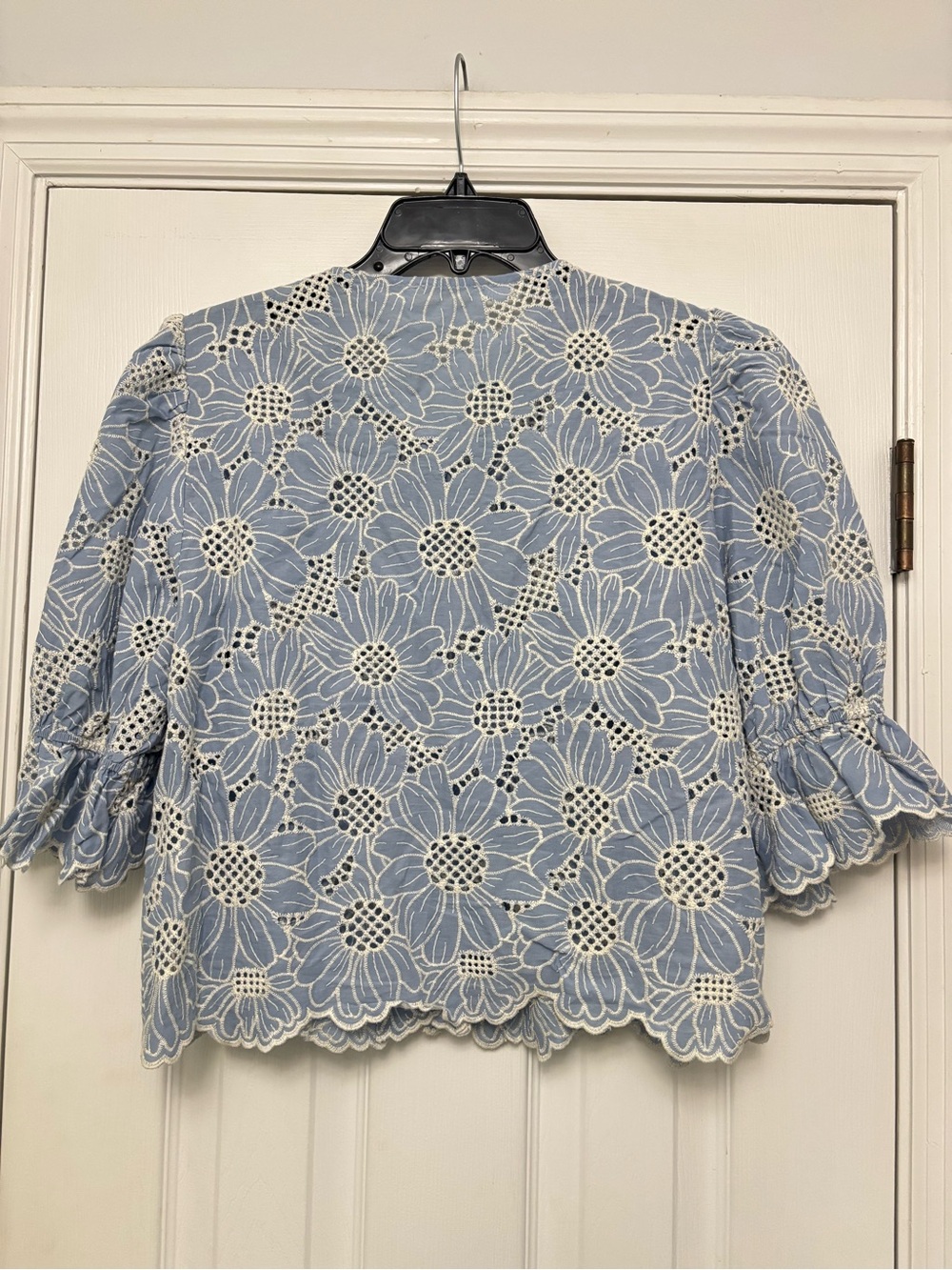Vita Grace Blue Floral Embroidered Eyelet Cotton Puff Sleeve Blouse Top Size L - Picture 5 of 7